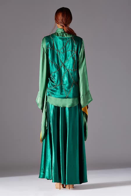 Shop A Humming Way Green Mashru Silk Hand Embroidered Scrawl Topographic Jacket Skirt Set at Aza Fashions Shop_A Humming Way_Green Mashru Silk Hand Embroidered Scrawl Topographic Jacket Skirt Set _at_Aza_Fashions
