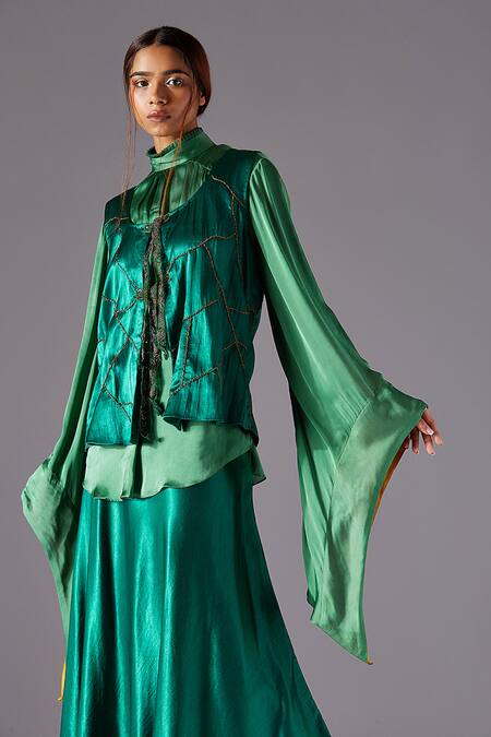 A Humming Way Green Mashru Silk Hand Embroidered Scrawl Topographic Jacket Skirt Set Online at Aza Fashions A Humming Way_Green Mashru Silk Hand Embroidered Scrawl Topographic Jacket Skirt Set _Online_at_Aza_Fashions