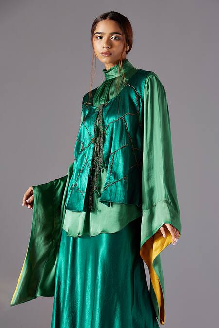 Buy A Humming Way Green Mashru Silk Hand Embroidered Scrawl Topographic Jacket Skirt Set Online at Aza Fashions Buy_A Humming Way_Green Mashru Silk Hand Embroidered Scrawl Topographic Jacket Skirt Set _Online_at_Aza_Fashions