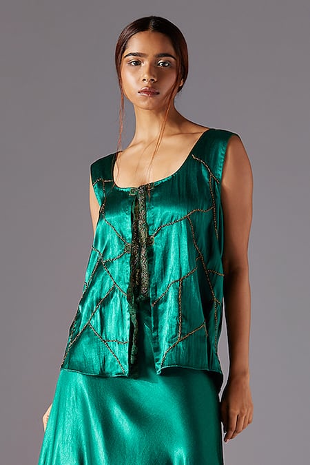Shop A Humming Way Green Silk Embroidery Round Neck Topographic Hand Jacket And Skirt Set at Aza Fashions Shop_A Humming Way_Green Silk Embroidery Round Neck Topographic Hand Jacket And Skirt Set _at_Aza_Fashions