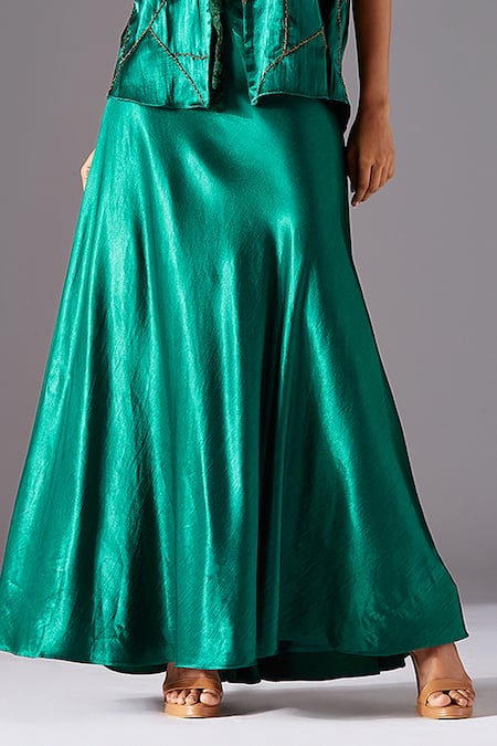 A Humming Way Green Silk Embroidery Round Neck Topographic Hand Jacket And Skirt Set Online at Aza Fashions A Humming Way_Green Silk Embroidery Round Neck Topographic Hand Jacket And Skirt Set _Online_at_Aza_Fashions