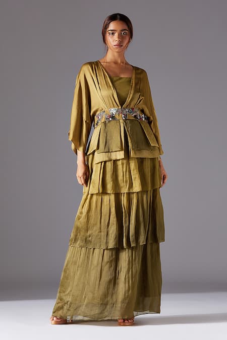 A Humming Way Green Satin, Organza, Linen Topiary Bhutani Top With Forestland Tiered Gown 