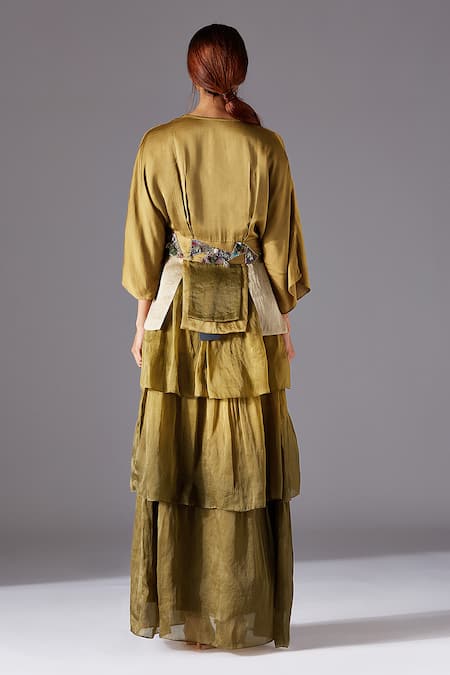 Shop A Humming Way Green Satin, Organza, Linen Topiary Bhutani Top With Forestland Tiered Gown at Aza Fashions Shop_A Humming Way_Green Satin, Organza, Linen Topiary Bhutani Top With Forestland Tiered Gown _at_Aza_Fashions