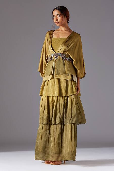 A Humming Way Green Satin, Organza, Linen Topiary Bhutani Top With Forestland Tiered Gown Online at Aza Fashions A Humming Way_Green Satin, Organza, Linen Topiary Bhutani Top With Forestland Tiered Gown _Online_at_Aza_Fashions