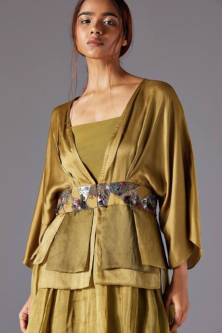 Buy A Humming Way Green Satin, Organza, Linen Topiary Bhutani Top With Forestland Tiered Gown Online at Aza Fashions Buy_A Humming Way_Green Satin, Organza, Linen Topiary Bhutani Top With Forestland Tiered Gown _Online_at_Aza_Fashions