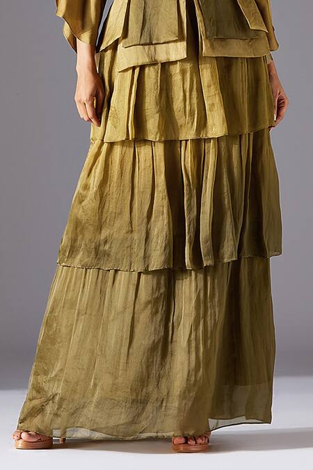 Shop A Humming Way Green Satin, Organza, Linen Topiary Bhutani Top With Forestland Tiered Gown Online at Aza Fashions Shop_A Humming Way_Green Satin, Organza, Linen Topiary Bhutani Top With Forestland Tiered Gown _Online_at_Aza_Fashions