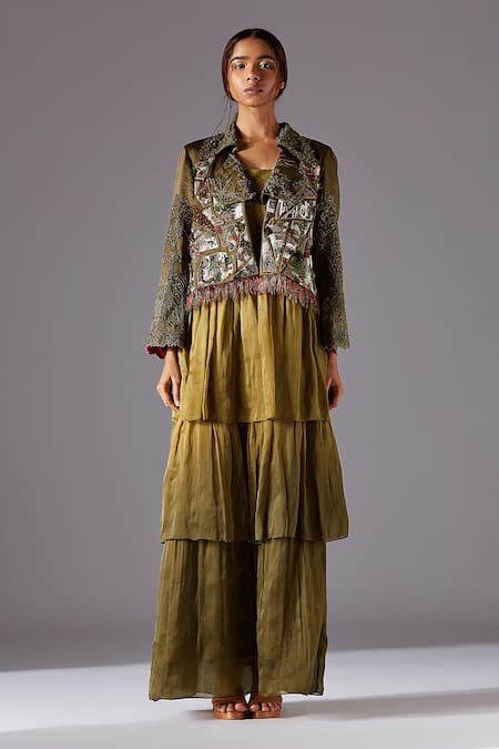 A Humming Way Green Satin, Georgette, Organza Earth Jacket With Forestland Tiered Gown 