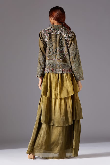 Shop A Humming Way Green Satin, Georgette, Organza Earth Jacket With Forestland Tiered Gown at Aza Fashions Shop_A Humming Way_Green Satin, Georgette, Organza Earth Jacket With Forestland Tiered Gown _at_Aza_Fashions