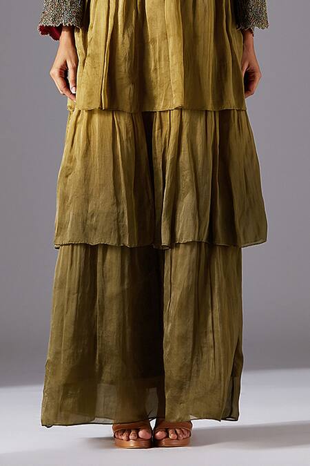 A Humming Way Green Satin, Georgette, Organza Earth Jacket With Forestland Tiered Gown Online at Aza Fashions A Humming Way_Green Satin, Georgette, Organza Earth Jacket With Forestland Tiered Gown _Online_at_Aza_Fashions