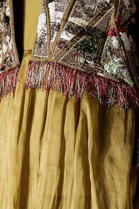 Buy A Humming Way Green Satin, Georgette, Organza Earth Jacket With Forestland Tiered Gown Online at Aza Fashions Buy_A Humming Way_Green Satin, Georgette, Organza Earth Jacket With Forestland Tiered Gown _Online_at_Aza_Fashions