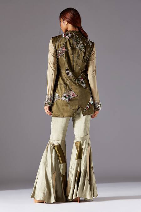 Shop A Humming Way Green Linen, Satin Embroidery High Neck Topiary Tunic And Mesa Sharara Set at Aza Fashions Shop_A Humming Way_Green Linen, Satin Embroidery High Neck Topiary Tunic And Mesa Sharara Set _at_Aza_Fashions