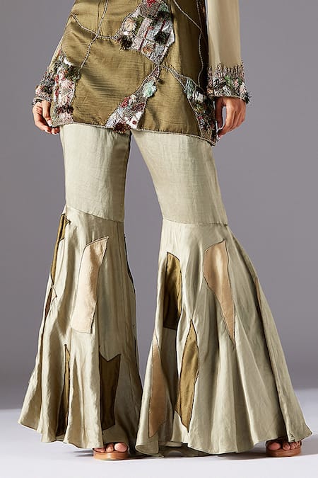 A Humming Way Green Linen, Satin Embroidery High Neck Topiary Tunic And Mesa Sharara Set Online at Aza Fashions A Humming Way_Green Linen, Satin Embroidery High Neck Topiary Tunic And Mesa Sharara Set _Online_at_Aza_Fashions