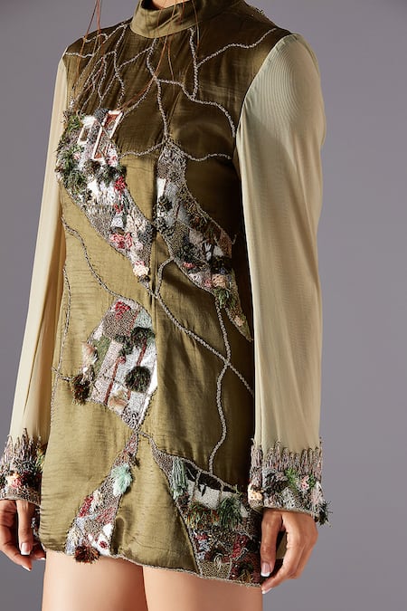 Buy A Humming Way Green Linen, Satin Embroidery High Neck Topiary Tunic And Mesa Sharara Set Online at Aza Fashions Buy_A Humming Way_Green Linen, Satin Embroidery High Neck Topiary Tunic And Mesa Sharara Set _Online_at_Aza_Fashions