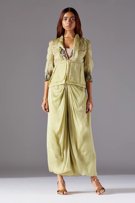 A Humming Way Green Satin, Organza Embroidery Crest Victorian Jacket And Harem Pant Set 