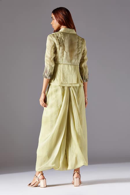 Shop A Humming Way Green Satin, Organza Embroidery Crest Victorian Jacket And Harem Pant Set at Aza Fashions Shop_A Humming Way_Green Satin, Organza Embroidery Crest Victorian Jacket And Harem Pant Set _at_Aza_Fashions