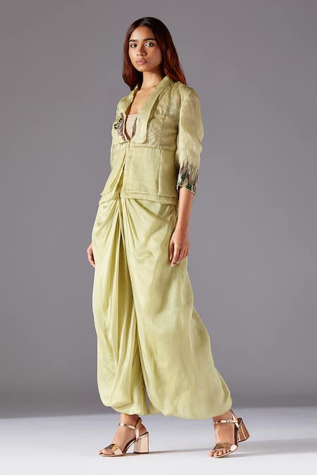 A Humming Way Green Satin, Organza Embroidery Crest Victorian Jacket And Harem Pant Set Online at Aza Fashions A Humming Way_Green Satin, Organza Embroidery Crest Victorian Jacket And Harem Pant Set _Online_at_Aza_Fashions