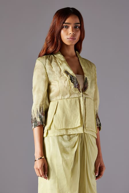 Buy A Humming Way Green Satin, Organza Embroidery Crest Victorian Jacket And Harem Pant Set Online at Aza Fashions Buy_A Humming Way_Green Satin, Organza Embroidery Crest Victorian Jacket And Harem Pant Set _Online_at_Aza_Fashions