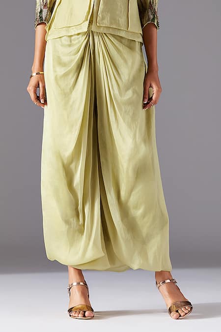 A Humming Way Green Satin, Organza Embroidery Crest Victorian Jacket And Harem Pant Set at Aza Fashions A Humming Way_Green Satin, Organza Embroidery Crest Victorian Jacket And Harem Pant Set _at_Aza_Fashions