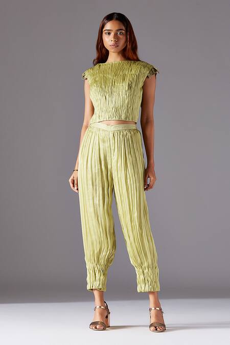 A Humming Way Green Satin, Organza Embroidery Boat Machair Ruched Top And Ankle-length Pant Set 