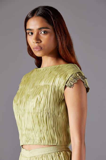 Shop A Humming Way Green Satin, Organza Embroidery Boat Machair Ruched Top And Ankle-length Pant Set at Aza Fashions Shop_A Humming Way_Green Satin, Organza Embroidery Boat Machair Ruched Top And Ankle-length Pant Set _at_Aza_Fashions