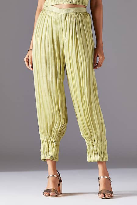 A Humming Way Green Satin, Organza Embroidery Boat Machair Ruched Top And Ankle-length Pant Set Online at Aza Fashions A Humming Way_Green Satin, Organza Embroidery Boat Machair Ruched Top And Ankle-length Pant Set _Online_at_Aza_Fashions