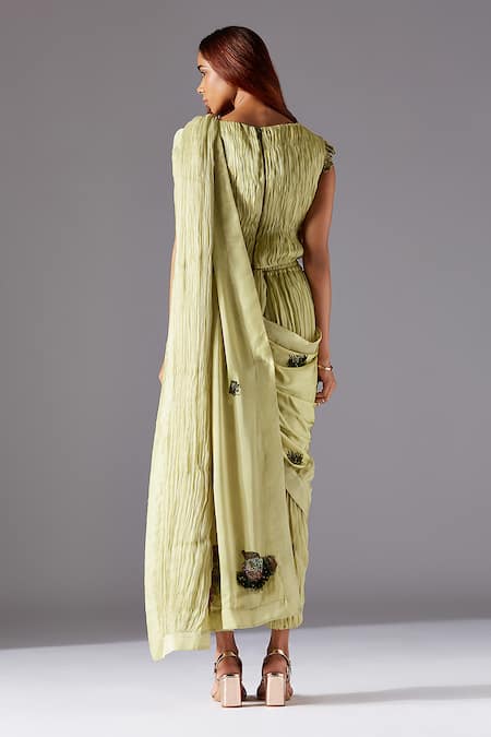 Shop A Humming Way Green Satin, Organza, Georgette Embroidery Machair Ruched Pant Set With Belt at Aza Fashions Shop_A Humming Way_Green Satin, Organza, Georgette Embroidery Machair Ruched Pant Set With Belt _at_Aza_Fashions