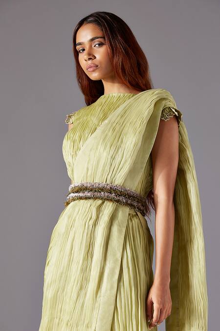 A Humming Way Green Satin, Organza, Georgette Embroidery Machair Ruched Pant Set With Belt Online at Aza Fashions A Humming Way_Green Satin, Organza, Georgette Embroidery Machair Ruched Pant Set With Belt _Online_at_Aza_Fashions
