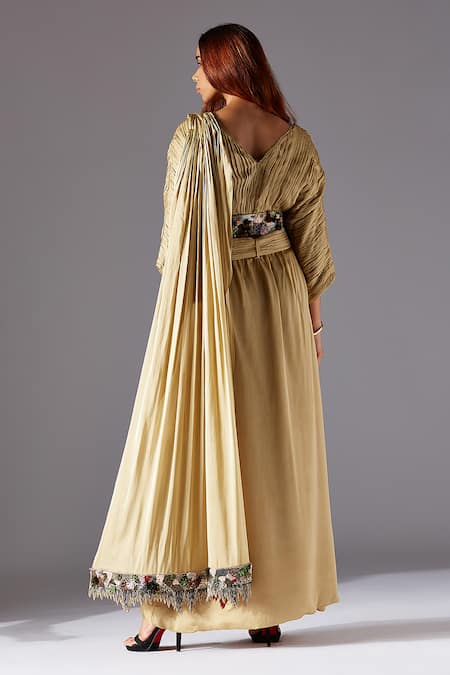 Shop A Humming Way Beige Satin, Georgette Embroidery V-neck Townscape Skirt Saree Set With Blouse at Aza Fashions Shop_A Humming Way_Beige Satin, Georgette Embroidery V-neck Townscape Skirt Saree Set With Blouse _at_Aza_Fashions