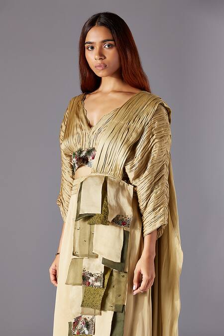 Buy A Humming Way Beige Satin, Georgette Embroidery V-neck Townscape Skirt Saree Set With Blouse Online at Aza Fashions Buy_A Humming Way_Beige Satin, Georgette Embroidery V-neck Townscape Skirt Saree Set With Blouse _Online_at_Aza_Fashions