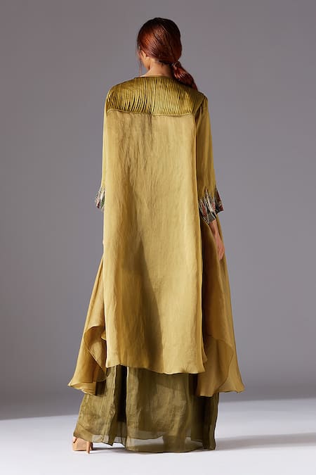 Shop A Humming Way Green Satin Embroidery Square Neck Hamada Cape With Forestland Gown at Aza Fashions Shop_A Humming Way_Green Satin Embroidery Square Neck Hamada Cape With Forestland Gown _at_Aza_Fashions