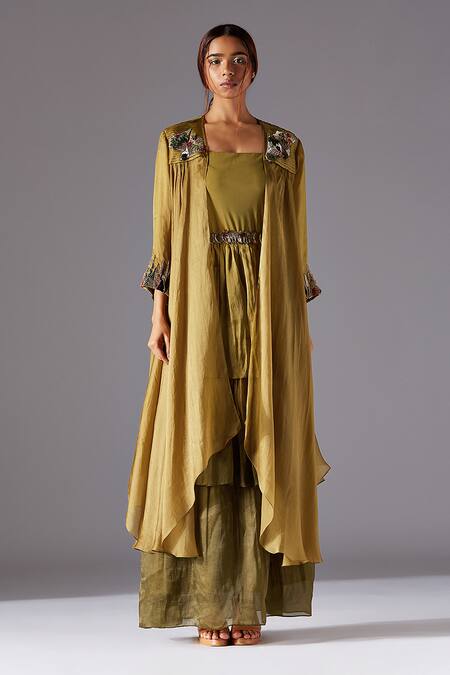 Buy A Humming Way Green Satin Embroidery Square Neck Hamada Cape With Forestland Gown Online at Aza Fashions Buy_A Humming Way_Green Satin Embroidery Square Neck Hamada Cape With Forestland Gown _Online_at_Aza_Fashions