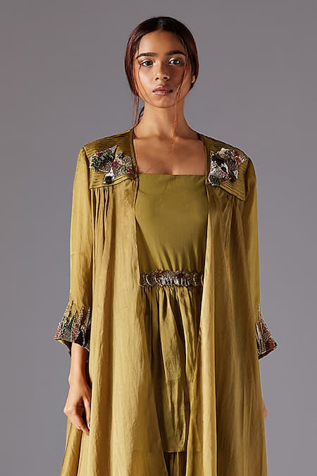 Shop A Humming Way Green Satin Embroidery Square Neck Hamada Cape With Forestland Gown Online at Aza Fashions Shop_A Humming Way_Green Satin Embroidery Square Neck Hamada Cape With Forestland Gown _Online_at_Aza_Fashions