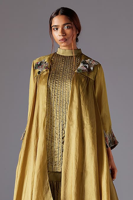 Shop_A Humming Way_Green Satin, Georgette, Bamboo Diamonds, Hamada Cape Sharara Pant Set_at_Aza_Fashions