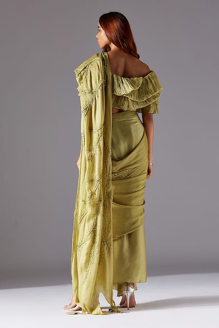 Shop A Humming Way Green Satin, Chiffon, Organza Gill Fungi Pre-draped Skirt Saree Set at Aza Fashions Shop_A Humming Way_Green Satin, Chiffon, Organza Gill Fungi Pre-draped Skirt Saree Set _at_Aza_Fashions
