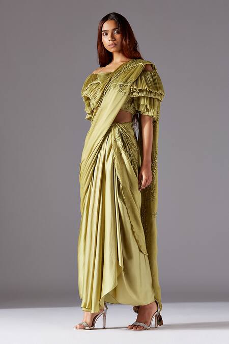 A Humming Way Green Satin, Chiffon, Organza Gill Fungi Pre-draped Skirt Saree Set Online at Aza Fashions A Humming Way_Green Satin, Chiffon, Organza Gill Fungi Pre-draped Skirt Saree Set _Online_at_Aza_Fashions