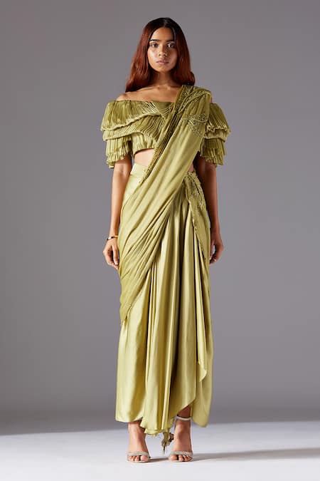 Buy A Humming Way Green Satin, Chiffon, Organza Gill Fungi Pre-draped Skirt Saree Set Online at Aza Fashions Buy_A Humming Way_Green Satin, Chiffon, Organza Gill Fungi Pre-draped Skirt Saree Set _Online_at_Aza_Fashions