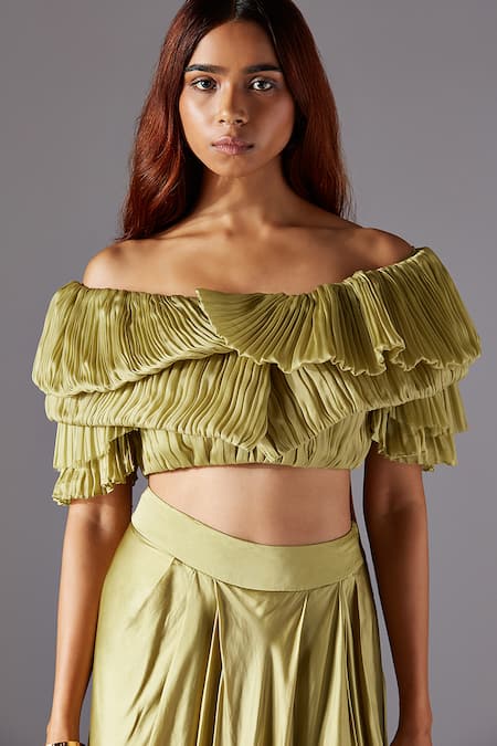 Shop A Humming Way Green Satin, Chiffon, Organza Gill Fungi Pre-draped Skirt Saree Set Online at Aza Fashions Shop_A Humming Way_Green Satin, Chiffon, Organza Gill Fungi Pre-draped Skirt Saree Set _Online_at_Aza_Fashions