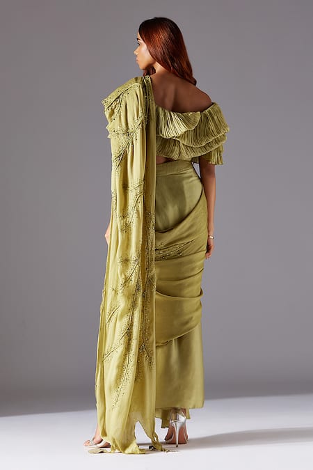 A Humming Way Gill Fungi Pre-Draped Lungi Skirt Saree Set With Belt 