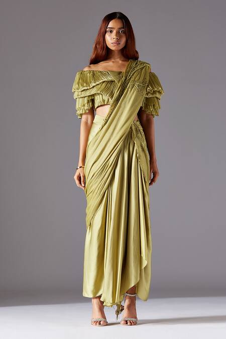 Buy_A Humming Way_Green Satin, Chiffon, Gill Fungi Pre-draped Skirt Saree Set With Belt _Online_at_Aza_Fashions
