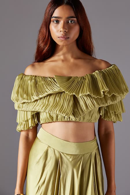 Shop_A Humming Way_Green Satin, Chiffon, Gill Fungi Pre-draped Skirt Saree Set With Belt _Online_at_Aza_Fashions