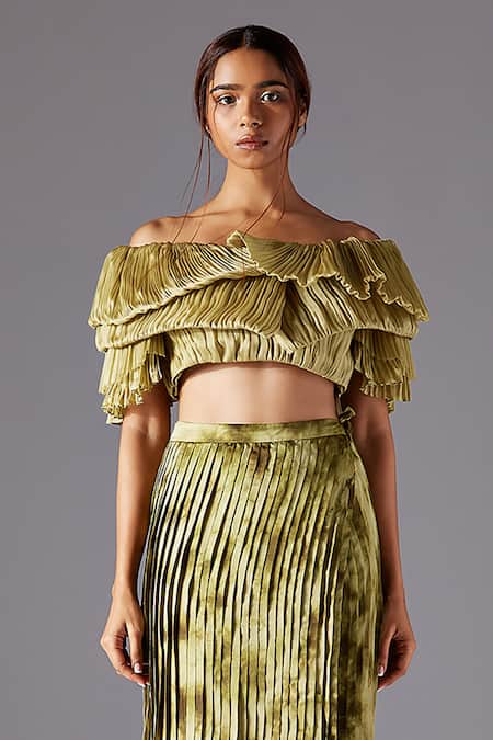 Shop A Humming Way Green Satin Organza Hand Embroidered One Gill Fungi Crop Top And Skirt Set at Aza Fashions Shop_A Humming Way_Green Satin Organza Hand Embroidered One Gill Fungi Crop Top And Skirt Set _at_Aza_Fashions