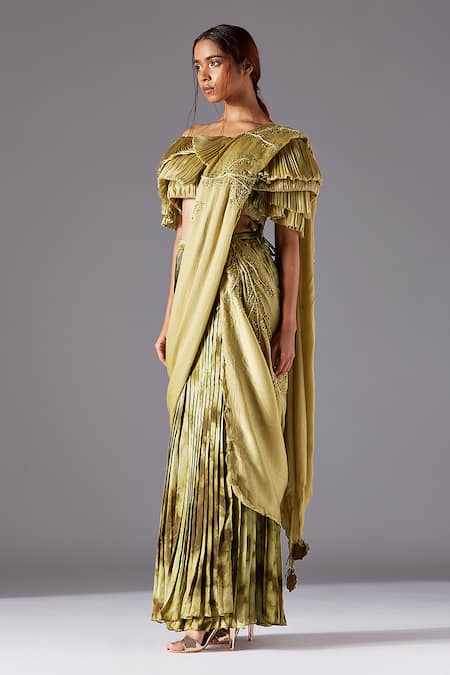 A Humming Way Green Satin, Organza, Gill Fungi Blouse And Marsh-scapes Skirt Saree Set Online at Aza Fashions A Humming Way_Green Satin, Organza, Gill Fungi Blouse And Marsh-scapes Skirt Saree Set _Online_at_Aza_Fashions