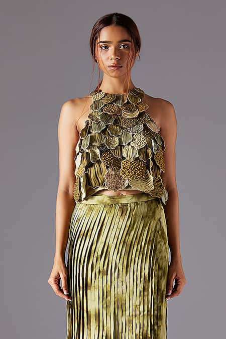 Shop A Humming Way Green Satin Organza Hand Embroidered Mima Mounds Top And Marsh-scapes Skirt Set at Aza Fashions Shop_A Humming Way_Green Satin Organza Hand Embroidered Mima Mounds Top And Marsh-scapes Skirt Set _at_Aza_Fashions