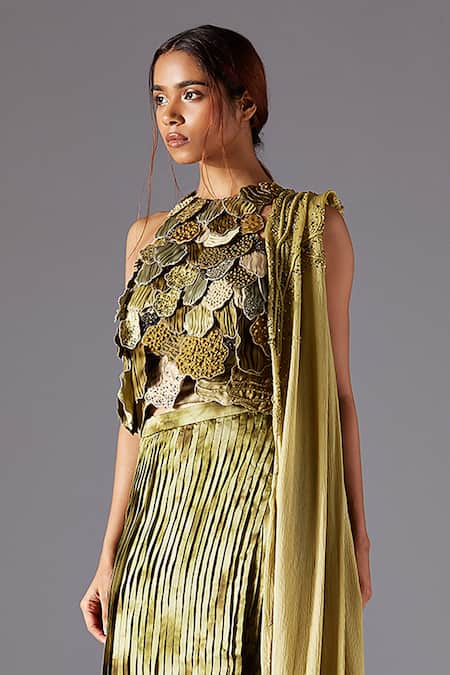 Shop_A Humming Way_Green Satin, Georgette, Organza Diamonds, Mima Mounds Top Marsh-scapes Skirt Set _at_Aza_Fashions