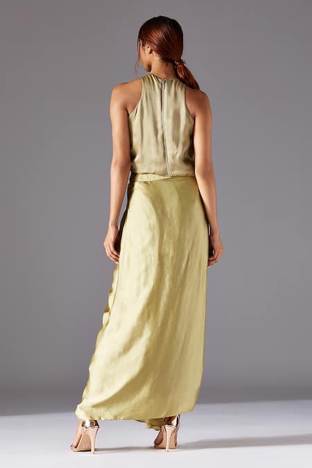 Shop A Humming Way Green Satin, Chiffon Beads, Embroidery, Mima Mounds Top Draped Skirt Saree Set at Aza Fashions Shop_A Humming Way_Green Satin, Chiffon Beads, Embroidery, Mima Mounds Top Draped Skirt Saree Set _at_Aza_Fashions