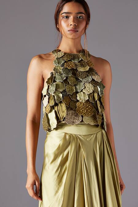 A Humming Way Green Satin, Chiffon Beads, Embroidery, Mima Mounds Top Draped Skirt Saree Set Online at Aza Fashions A Humming Way_Green Satin, Chiffon Beads, Embroidery, Mima Mounds Top Draped Skirt Saree Set _Online_at_Aza_Fashions