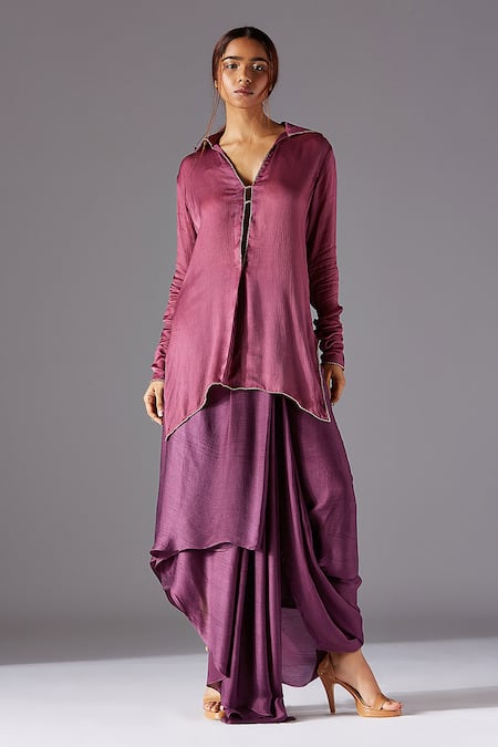 A Humming Way Purple Satin, Chiffon Embroidery V-neck Tree Bark V Kurta And Dhoti Set 