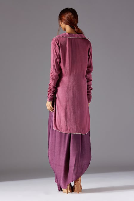 Shop A Humming Way Purple Satin, Chiffon Embroidery V-neck Tree Bark V Kurta And Dhoti Set at Aza Fashions Shop_A Humming Way_Purple Satin, Chiffon Embroidery V-neck Tree Bark V Kurta And Dhoti Set _at_Aza_Fashions