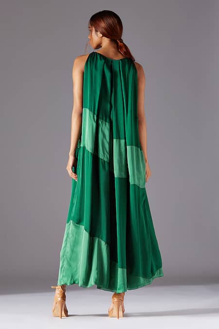 Shop A Humming Way Green Bamberg Georgette Satin Embroidered Abstract Ridgescapes Triangle Dress at Aza Fashions Shop_A Humming Way_Green Bamberg Georgette Satin Embroidered Abstract Ridgescapes Triangle Dress _at_Aza_Fashions