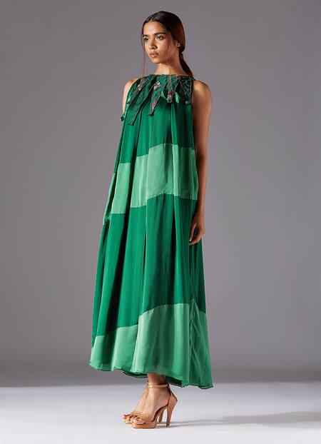 Buy A Humming Way Green Bamberg Georgette Satin Embroidered Abstract Ridgescapes Triangle Dress Online at Aza Fashions Buy_A Humming Way_Green Bamberg Georgette Satin Embroidered Abstract Ridgescapes Triangle Dress _Online_at_Aza_Fashions